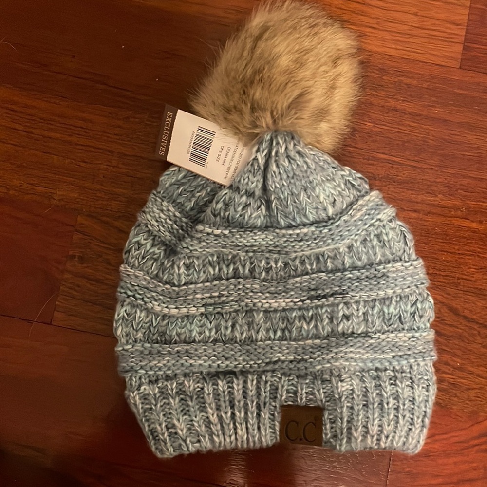 C.C blue knit hat with faux fur Pom